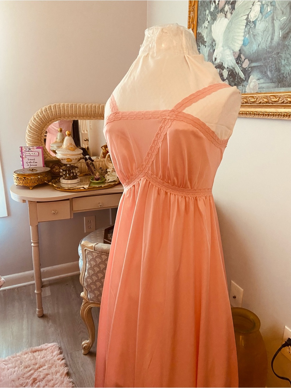 Vtg Pretty In Pink Enchanted Shadowline Nylon Floor Length Slip Dress Nightgown